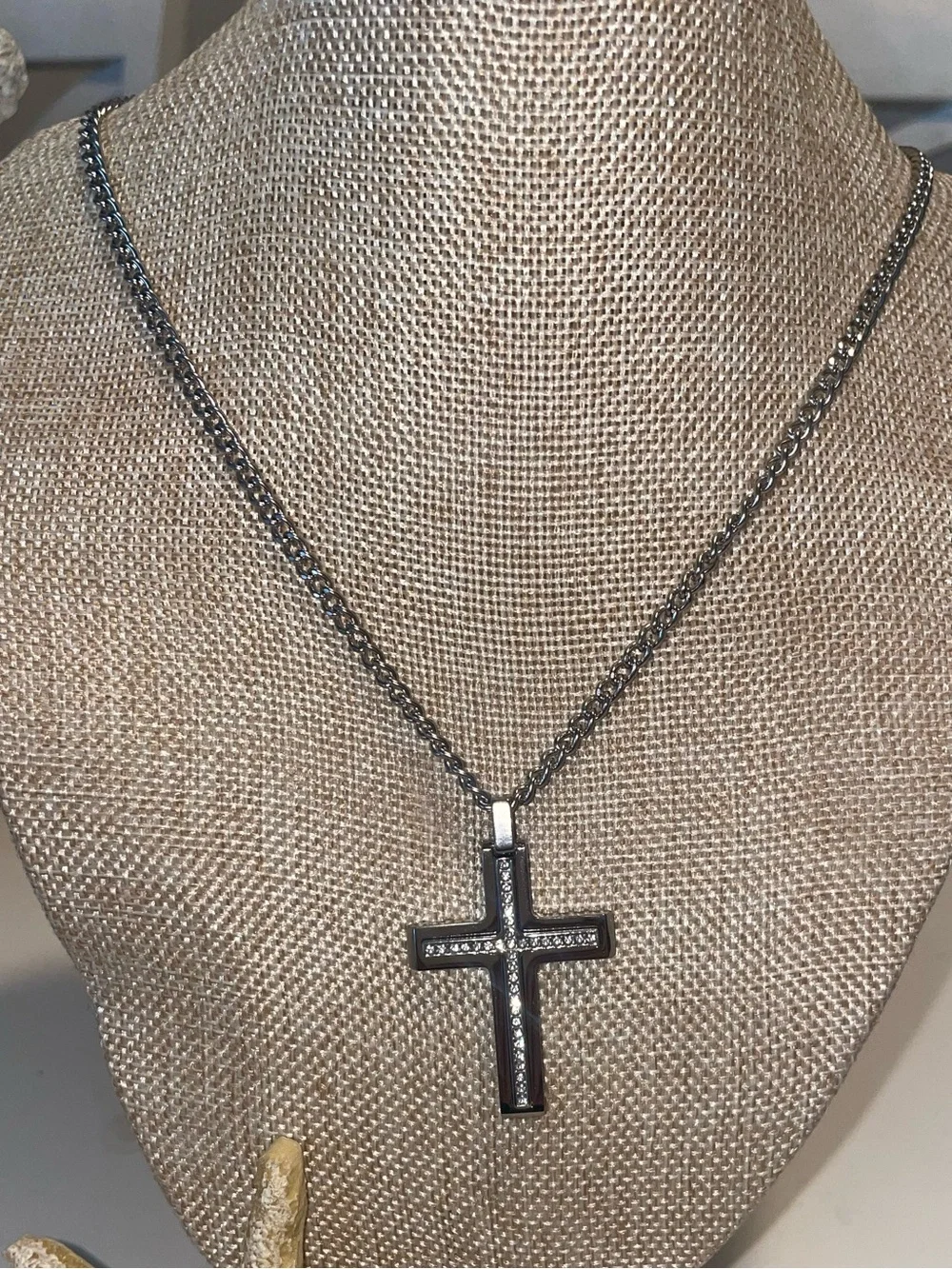 Cross Pendant Necklace in Gunmetal with Pavé Accents